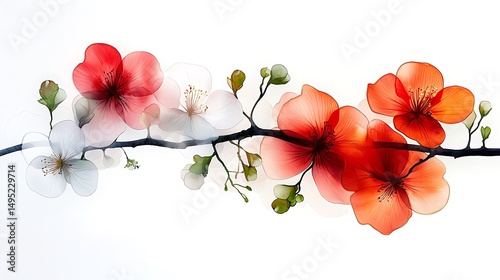 there is a branch of a tree with red and white flowers on it