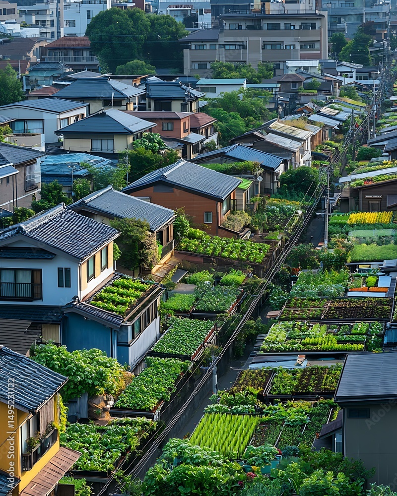 Fototapeta premium View from above: grid of vegetable plots across multiple Tokyo rooftops in urban farming district Sustainable Urban Agriculture Japanese Architecture and Rooftop Design