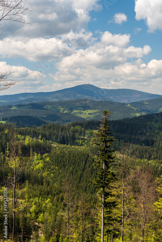 Lysa hora hill from hiking trail betwen Maly Polom and Slavic in Moravskoslezske Beskydy mountains in Czech republic