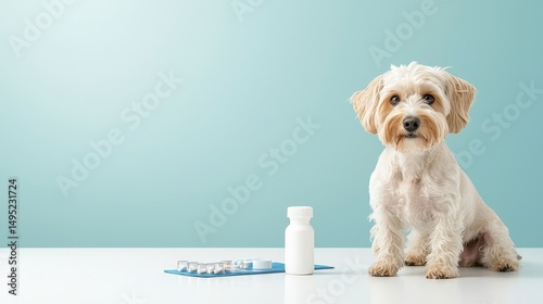 A white dog is sitting on a table next to a bottle of medicine