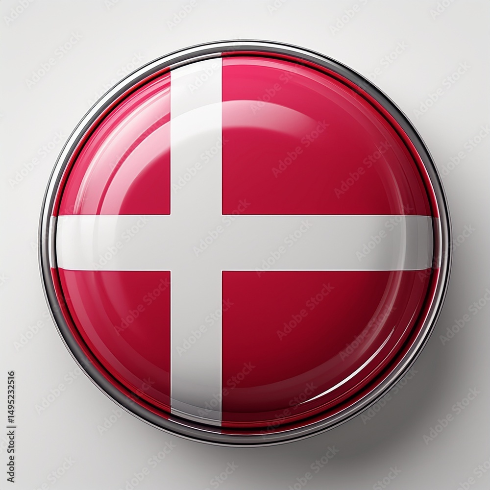 Fototapeta premium Runder Button mit Flagge von Dänemark – glänzend, 3D-Optik, isoliert auf Weiß