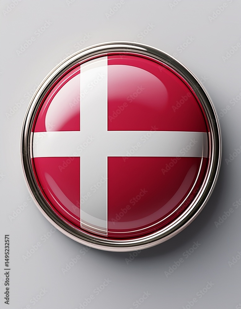 Fototapeta premium Runder Button mit Flagge von Dänemark – glänzend, 3D-Optik, isoliert auf Weiß