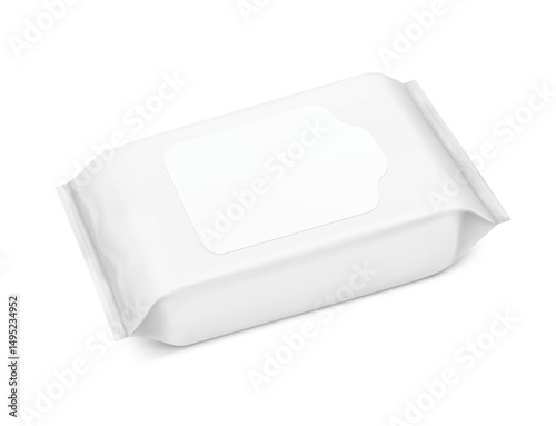 Wet wipes flow package mockup with realistic flap. Vector illustration isolated on white background. Can be use for your design, promo, adv and etc. EPS10.