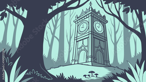 clock tower in the middle of a forest 