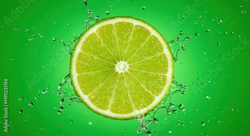 Vibrant lime slice bursting with water droplets, creating a refreshing, green background scene.