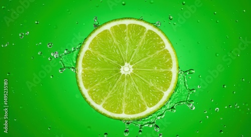 A refreshing shot of a lime slice being splashed with water in a vibrant green environment.