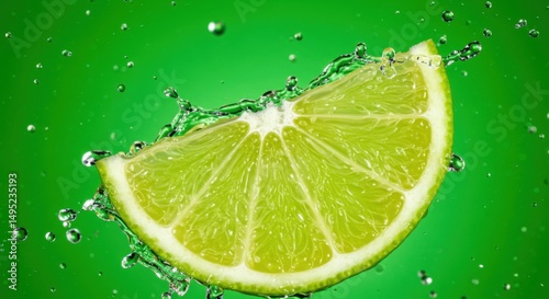 A refreshing slice of lime is showcased amidst water droplets, with a vibrant green backdrop.