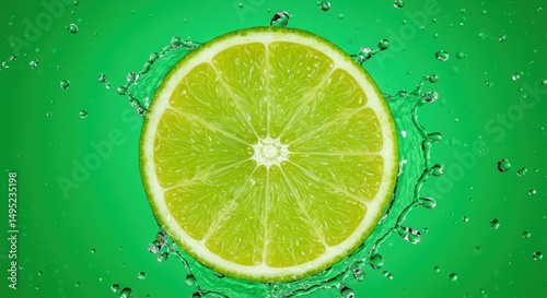 A fresh lime slice with water splash against a vibrant green background, creating a refreshing look.