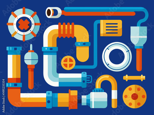 set of vector icons showing various pvc pipe parts