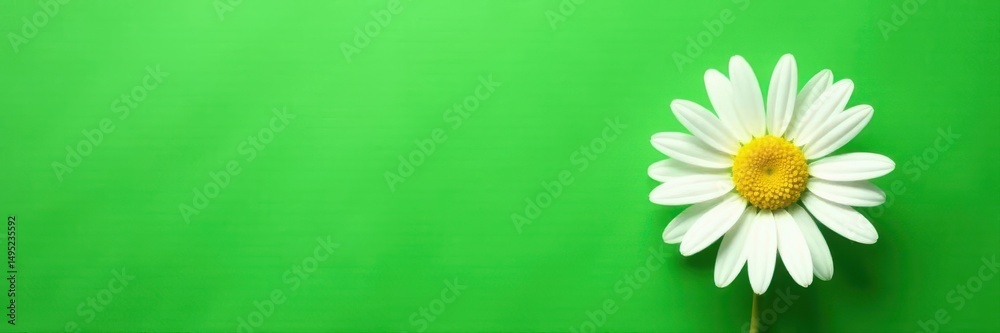 Naklejka premium Single white daisy, vibrant green backdrop, flat lay , white flower, plant, floral design