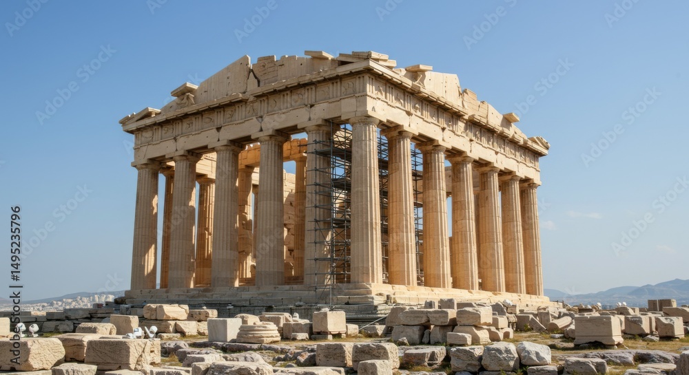 Obraz premium A stunning view of the Parthenon, a renowned ancient temple located in Athens, Greece, on a sunny day.