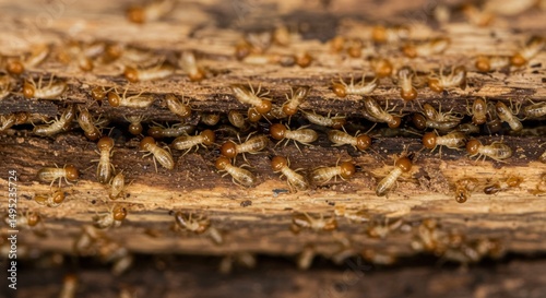 A detailed shot captures a colony of termites consuming wood, revealing their destructive behavior.