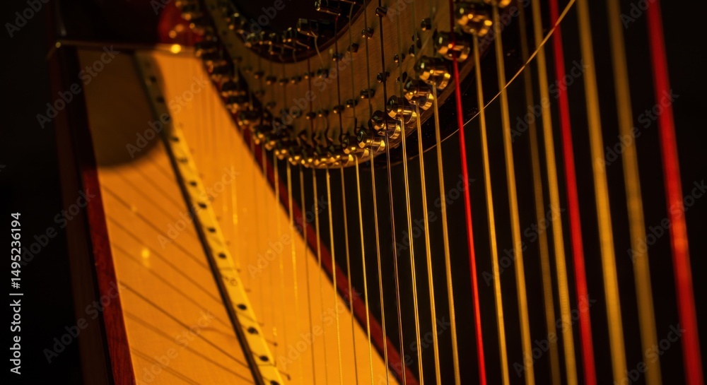 Obraz premium A detailed view of a beautiful harp, highlighting the strings and elegant structure, bathed in light.