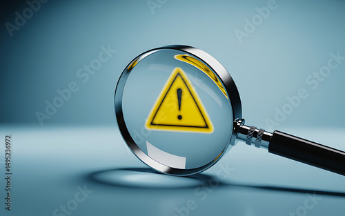 A magnifying glass focused on a warning symbol representing attention and caution in detecting risks and potential hazards