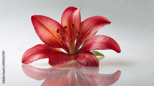 Single red lily bloom with realistic lighting and reflection on white backdrop.