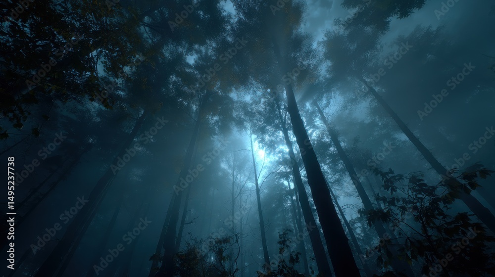 Fototapeta premium Misty Forest Canopy With Sunlight Filtering Through Trees, Representing Natural Beauty and Environmental Awareness for Travel and Ecotourism Campaigns : Generative AI