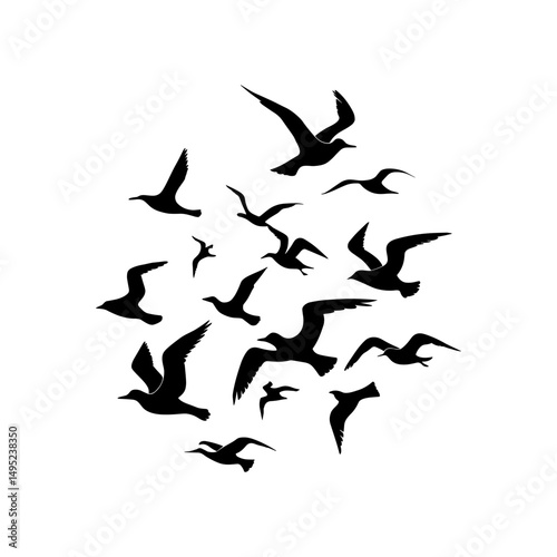 "Flying Bird Silhouette Set – Flock of Birds in Motion Black Vector on White Background"