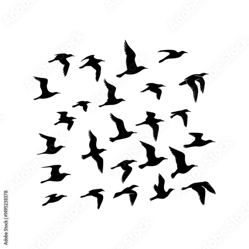 "Flying Bird Silhouette Set – Flock of Birds in Black on White Background Vector"