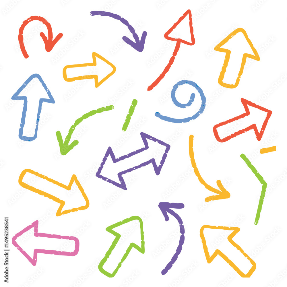 A colorful, whimsical drawing of various arrows in different directions and styles A colorful, whimsical drawing of various arrows in different directions and styles