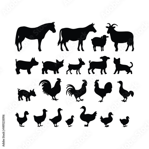 Silhouette Collection of Farm Animals and Poultry in Black Vector Style