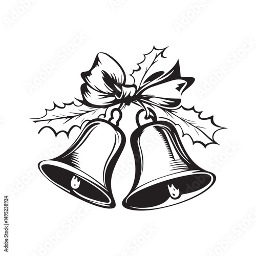 Vector illustration of Christmas bells with festive decorations like ribbons, holly leaves isolated on white background.