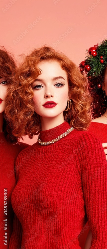 Obraz premium A woman with curly red hair and red lipstick wears a red sweater and necklace, posing against a pink background in a festive setting.