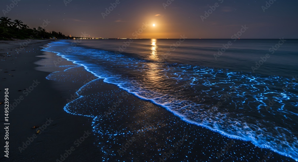 Fototapeta premium The ocean's edge glows with a magical blue light under the moonlight, creating a breathtaking natural spectacle on the sandy beach.