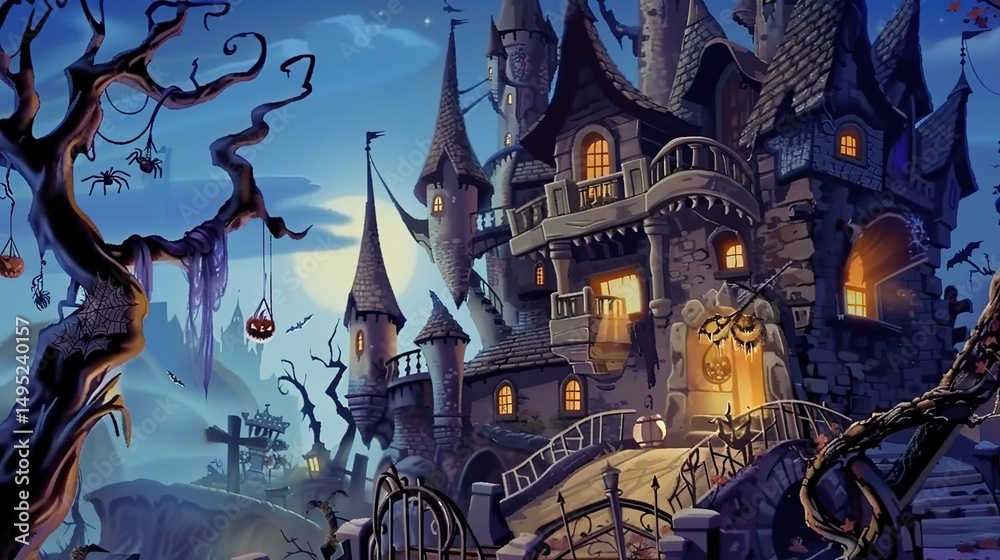 Obraz premium Enchanting Cartoon Halloween Castle Clipart: Whimsical, Spooky & Playful Illustrations for Festive Designs, Party Decor, and Digital Projects