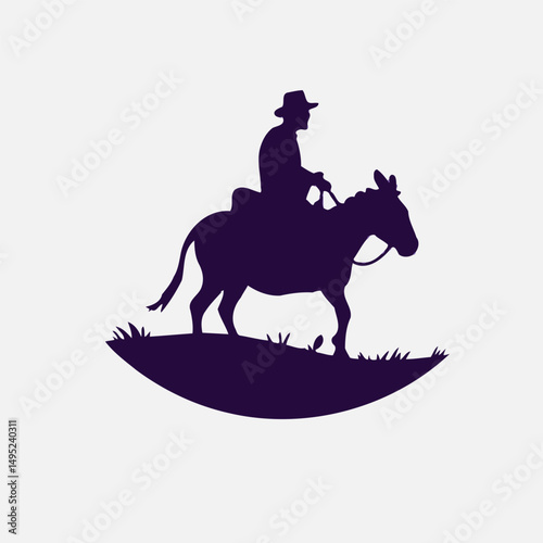 Silhouette of a Person Riding a Donkey, Wearing a Hat and Holding the Reins, Rural Travel Scene with Grass and Plants, Minimalist Vector Art