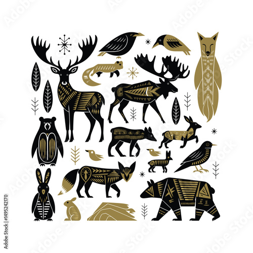 Scandinavian Folk Art Forest Animals Vector Illustration