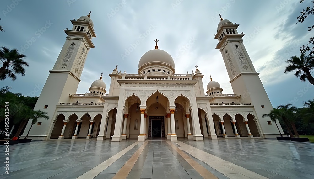 Fototapeta premium Architectural Beauty of Al Salam Mosque in Dubai Under Cloudy Sky