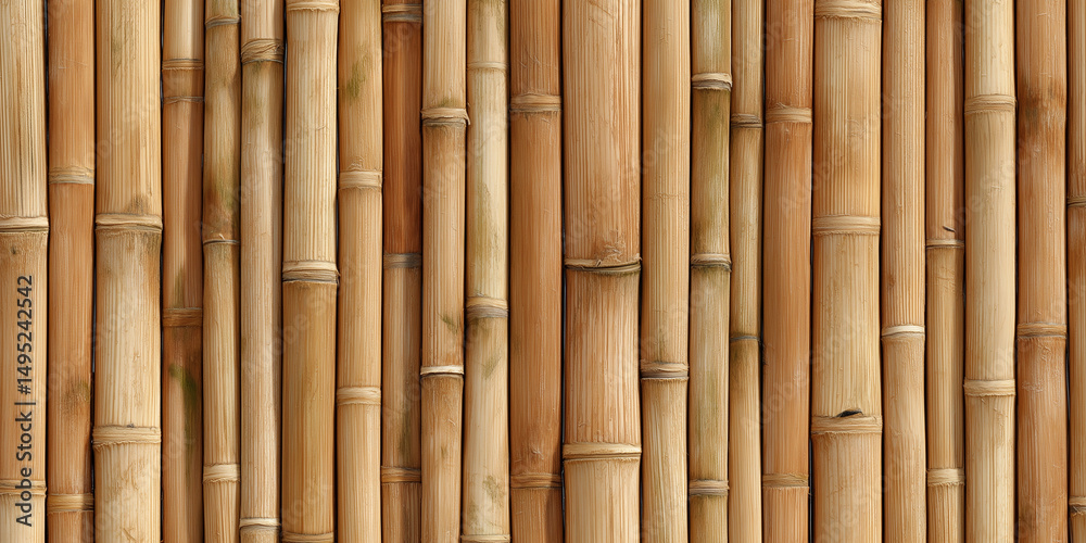 Fototapeta premium Vertical bamboo panel texture with natural tan hues for eco interiors. 