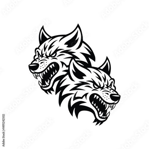 Double Angry Wolf Head Illustration – Fierce Twin Wolf Mascot Logo in Black and White Vector Style