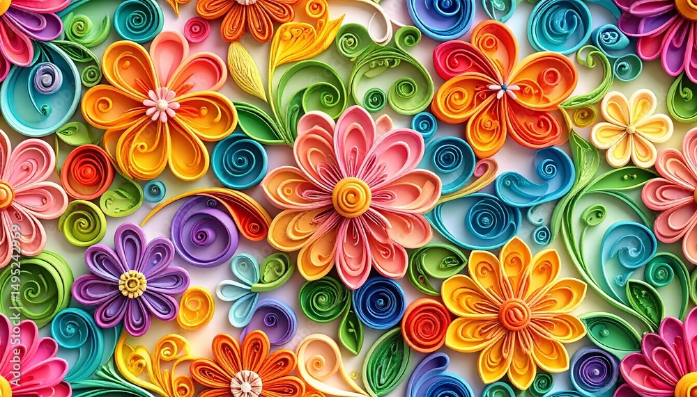Hyperrealistic paper quilling floral pattern with tightly curled petals and leaves in vivid spring colors, forming a seamless background Hyperrealistic paper quilling floral pattern with tightly curled petals and leaves in vivid spring colors, forming a seamless background