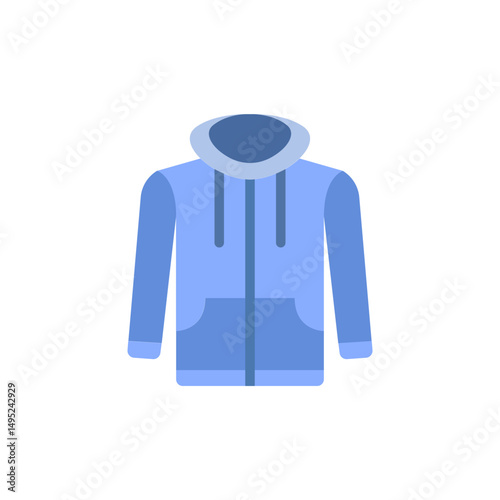 Comfortable light blue hoodie with zipper, cozy fashion for cold days, flat illustration