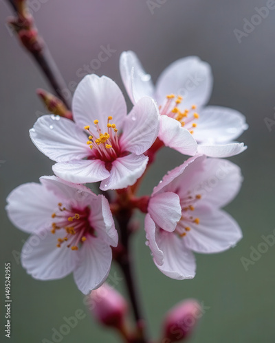 Freshly bloomed pink cherry tree flowers, dew-kissed petals.