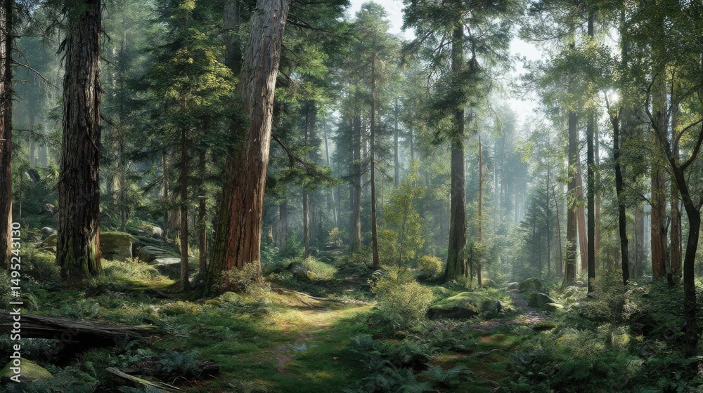 Obraz premium Sunlit Forest Path Through Tall Trees, Showcasing Nature's Serenity and Environmental Awareness for Conservation Projects : Generative AI