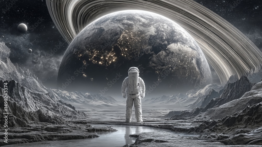 Fototapeta premium An astronaut filled with wonder stands on a planet's surface and gazes at another planet, with the astronaut exploring strange landscapes that represent the essence of space travel, created by stock
