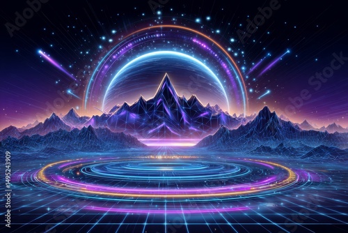 The background is futuristic, featuring a neon road that leads to a sunset, with rocks and a retro wave aesthetic, all generated by stock