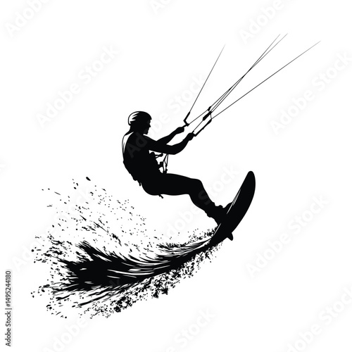 A kite surfer catching air above the wave black silhouette