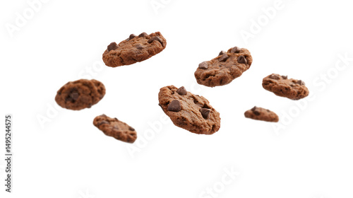Delicious Chocolate Chip Cookies Floating and Falling Isolated on Transparent Background