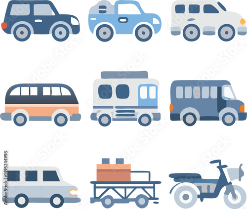  six different modes of overland transportation  on white background