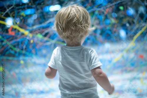 A boy with his back to the observer is set against a dynamic, multicolored tapestry of intertwined threads, conveying the idea of neurodiversity and ADHD complications