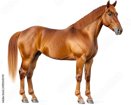 Chestnut horse, standing alone, full body, isolated on white backdrop, HD clarity.