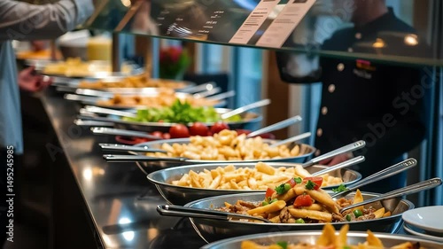 People enjoy delicious food at a vibrant buffet with fresh vegetables and pasta