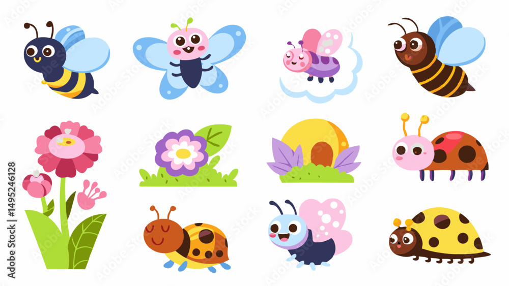 Obraz premium Cute Insect Icons: Charming collection of colorful insect and floral icons, capturing the essence of spring and natural beauty. The images feature a variety of insects.