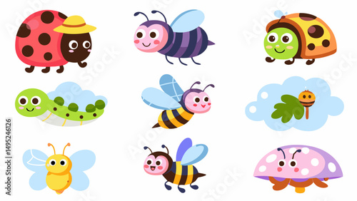 Whimsical Insect Collection: A delightful ensemble of colorful insects, each with its own unique charm and personality, captured in a cheerful illustration style, inviting a sense of fun and wonder.