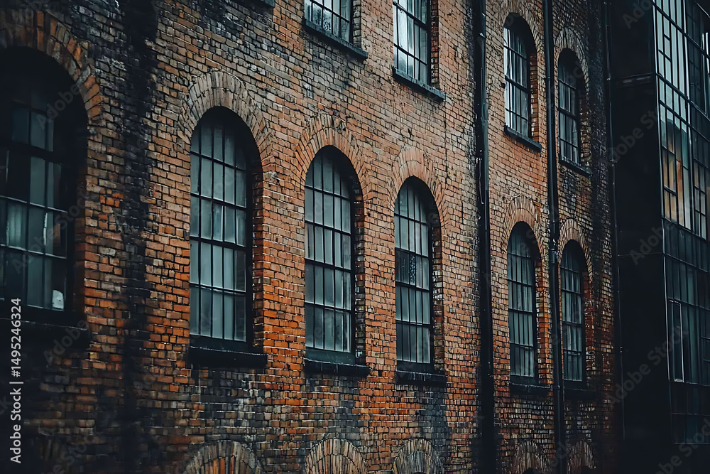Obraz premium Weathered brick building exterior, showcasing arched windows and aged brickwork. Details reveal a rich history