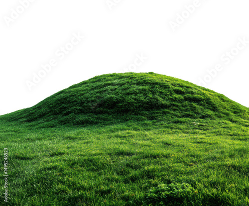 Lush green hill with vibrant grass in a serene landscape setting on a transparent background, cut out