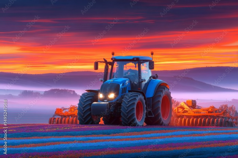 Obraz premium At sunrise, a tractor is tilling the soil in a lush field surrounded by early morning mist, with the scene illuminated by soft light
